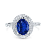 Halo Oval Art Deco Wedding Ring Simulated Blue Sapphire CZ 925 Sterling Silver