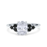 Art Deco Oval Wedding Bridal Ring Black Round Simulated Cubic Zirconia 925 Sterling Silver
