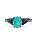 Art Deco Oval Wedding Bridal Ring Black Round Black Tone, Simulated Paraiba Tourmaline CZ 925 Sterling Silver