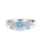 Art Deco Wedding Bridal Ring Leaf Dainty Round Simulated Aquamarine CZ 925 Sterling Silver