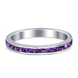 Full Eternity Stackable Channel setting Wedding Engagement Band Round Simulated Amethyst CZ 925 Sterling Silver