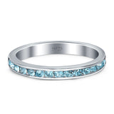 Full Eternity Stackable Wedding Engagement Band Round Simulated Aquamarine CZ 925 Sterling Silver