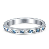 Full Eternity Stackable Wedding Engagement Band Round Simulated Aquamarine and Clear CZ 925 Sterling Silver