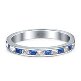 Full Eternity Stackable Wedding Engagement Band Round Simulated Blue Sapphire and Clear CZ 925 Sterling Silver