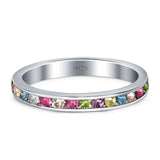 Full Eternity Stackable Channel setting Wedding Engagement Band Round Simulated Multicolored CZ 925 Sterling Silver