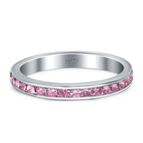 Full Eternity Stackable Channel setting Wedding Engagement Band Round Simulated Pink CZ 925 Sterling Silver