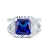 Halo Split Shank Engagement Ring Simulated Blue Sapphire CZ 925 Sterling Silver