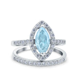 Two Piece Halo Marquise Art Deco Wedding Bridal Ring Simulated Aquamarine CZ 925 Sterling Silver