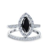Two Piece Halo Marquise Art Deco Wedding Bridal Ring Simulated Black CZ 925 Sterling Silver