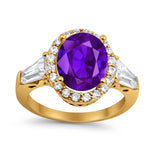 Halo Fashion Ring Baguette Yellow Tone, Simulated Amethyst CZ 925 Sterling Silver