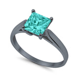 Solitaire Princess Black Tone, Simulated Paraiba Tourmaline CZ Wedding Ring 925 Sterling Silver