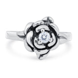 Rose Flower Ring Round Shape Simulated Cubic Zirconia 925 Sterling Silver