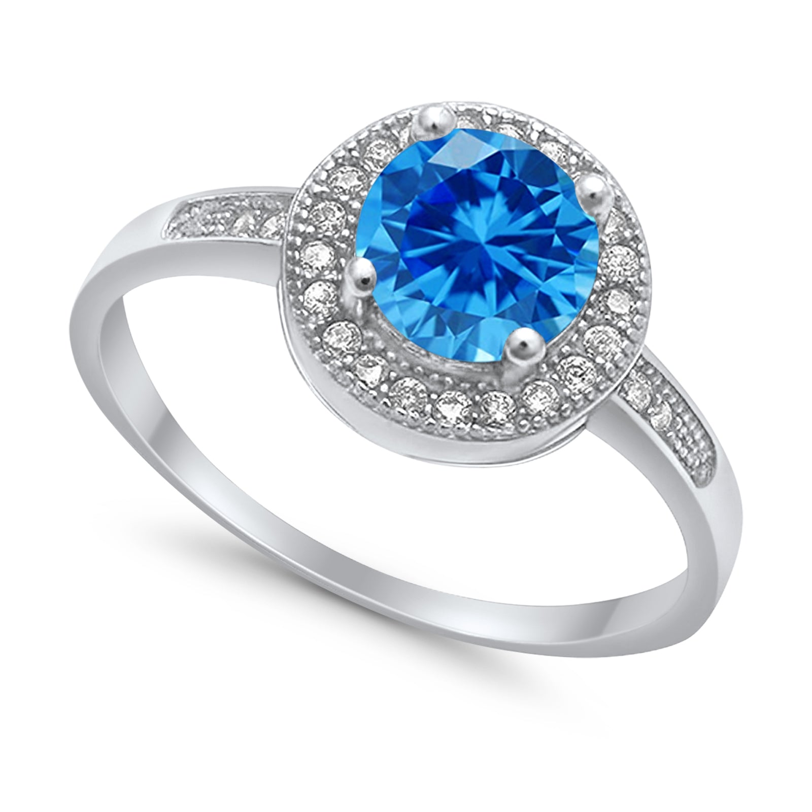 Halo Wedding Ring Round Simulated Blue Topaz CZ 925 Sterling Silver