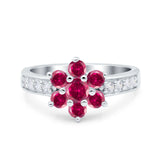 Flower Solitaire Engagement Ring Simulated Ruby CZ 925 Sterling Silver