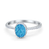 Halo Fashion Ring Oval Lab Created Blue Opal Accent 925 Sterling Silver