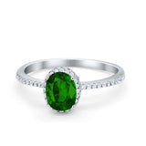 Halo Fashion Ring Oval Simulated Green Emerald CZ Accent 925 Sterling Silver