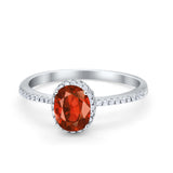 Halo Fashion Ring Oval Simulated Garnet CZ Accent 925 Sterling Silver