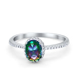 Halo Fashion Ring Oval Simulated Rainbow Topaz Accent 925 Sterling Silver