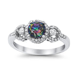 Halo Wedding Ring Round Simulated Rainbow CZ 925 Sterling Silver