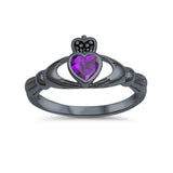 Irish Claddagh Heart Promise Ring Black Tone, Simulated Amethyst CZ 925 Sterling Silver