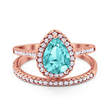 Teardrop Bridal Engagement Ring Rose Tone, Simulated Paraiba Tourmaline CZ 925 Sterling Silver