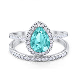 Teardrop Bridal Wedding Piece Ring Simulated Paraiba Tourmaline CZ 925 Sterling Silver