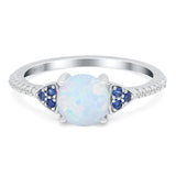 Art Deco Wedding Ring Simulated Blue Sapphire CZ Round Lab Created White Opal 925 Sterling Silver