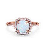Halo Wedding Ring Round Rose Tone, Lab Created White Opal 925 Sterling Silver