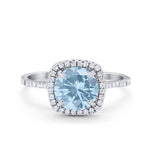 Halo Wedding Engagement Ring Round Simulated Aquamarine CZ 925 Sterling Silver