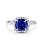 Halo Wedding Engagement Ring Round Simulated Blue Sapphire CZ 925 Sterling Silver