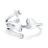 Heart and Star Ring Round Simulated Cubic Zirconia 925 Sterling Silver
