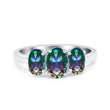 Three Stone Engagement Ring Oval Cut Rainbow Simulated Rainbow CZ 925 Sterling Silver