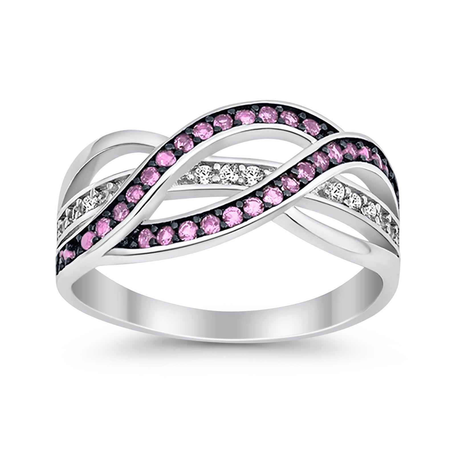 Weave Knot Ring Crisscross Crossover Simulated Pink Round CZ 925 Sterling Silver