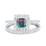 Two Piece Halo Ring Band Bridal Set Princess Cut Simulated Rainbow CZ 925 Sterling Silver