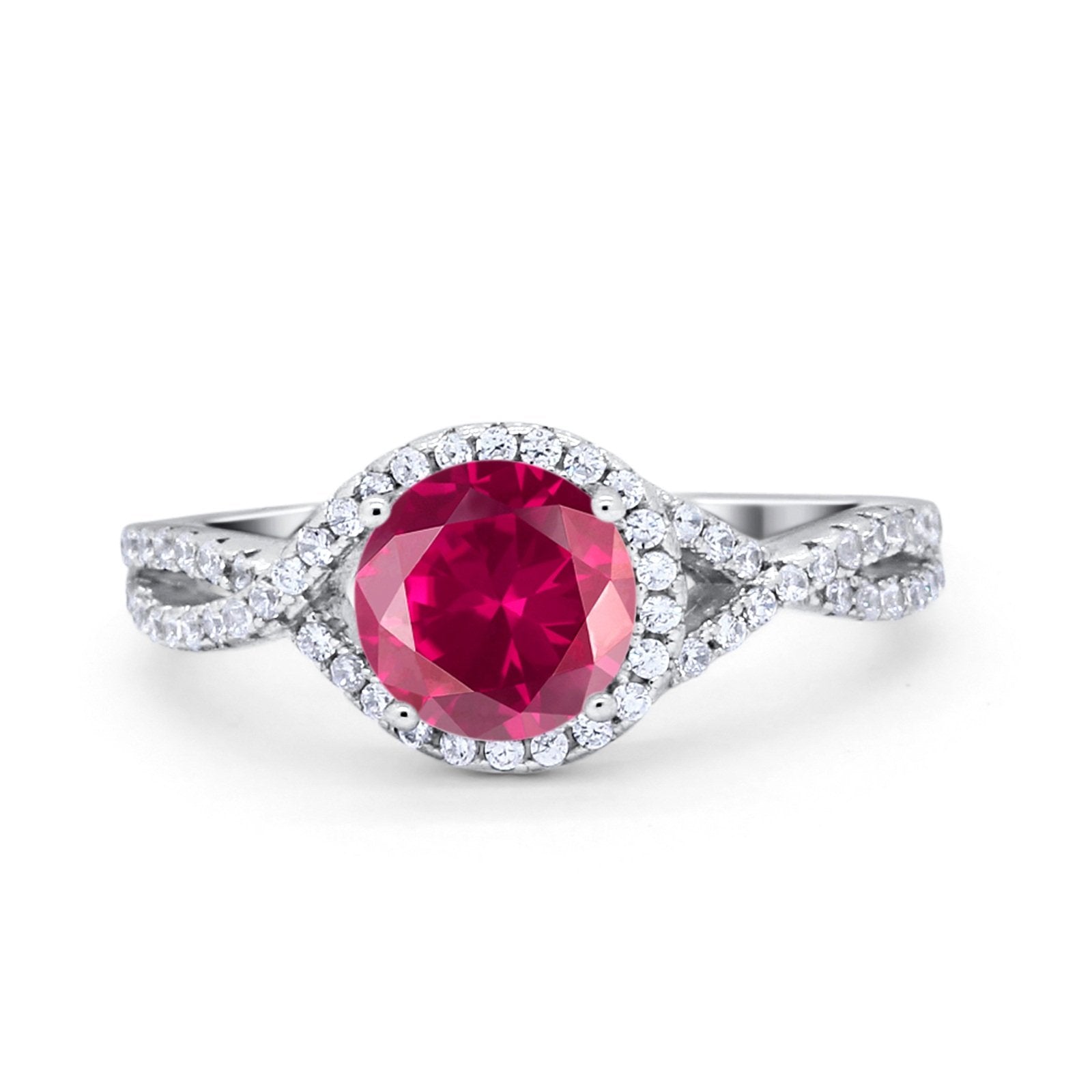 Ruby Simulant Halo Twisted Engagement Ring Simulated Ruby CZ 925 Sterling Silver