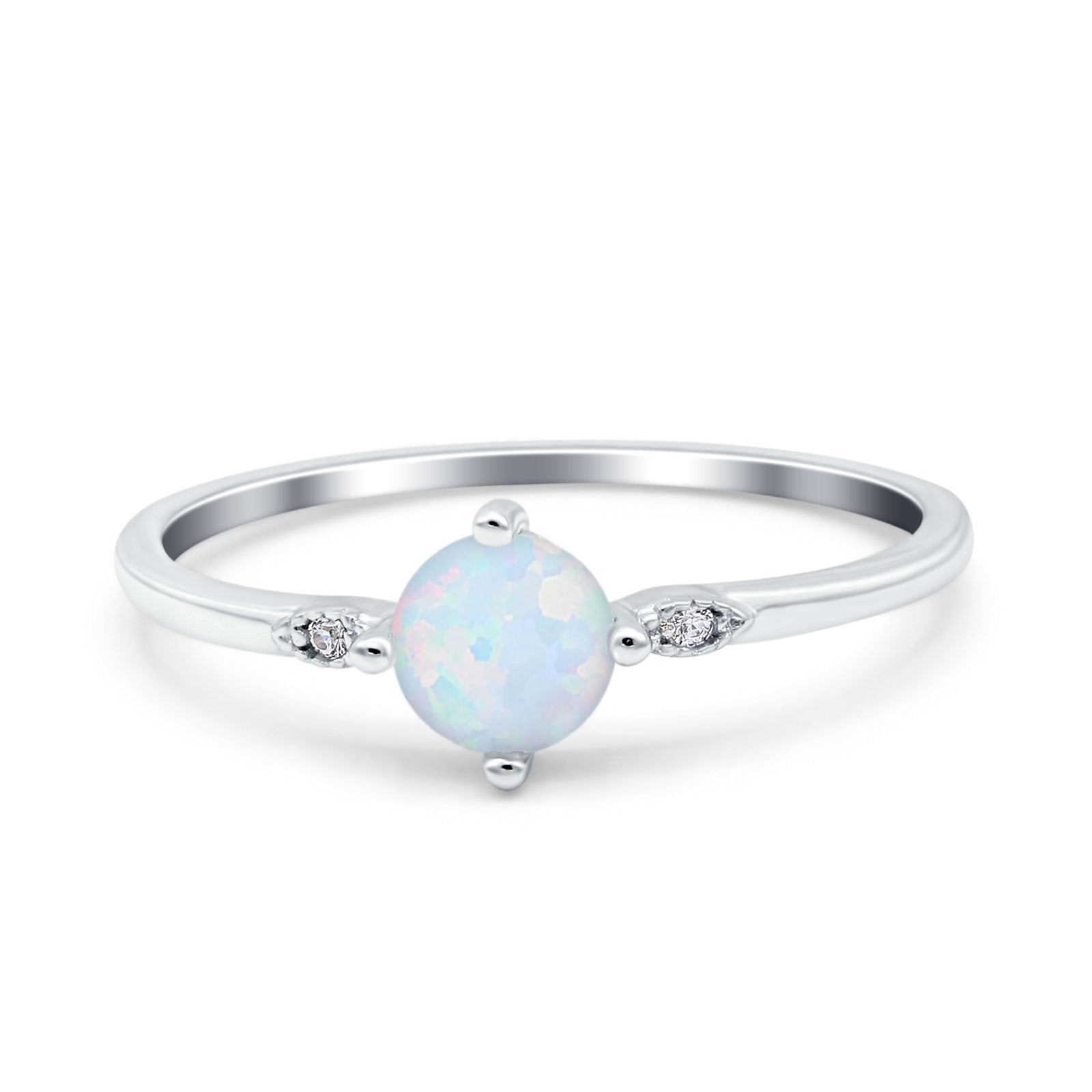 Three Stone Art Deco Engagement Ring Round Lab Created White Opal 925 Sterling Silver