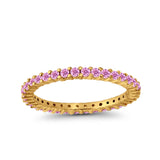 Full Eternity Wedding Band Round Yellow Tone, Simulated Pink CZ Ring 925 Sterling Silver