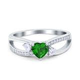 Heart Art Deco Engagement Promise Ring Simulated Green Emerald CZ 925 Sterling Silver