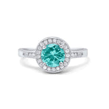 Halo Wedding Ring Round Simulated Paraiba Tourmaline CZ 925 Sterling Silver