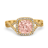 Halo Infinity Shank Engagement Ring Cushion Yellow Tone, Simulated Morganite CZ 925 Sterling Silver