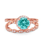 Two Piece Halo Wedding Ring Round Rose Tone, Simulated Paraiba Tourmaline CZ 925 Sterling Silver