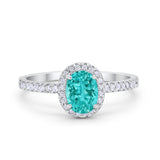 Halo Oval Engagement Ring Simulated Paraiba Tourmaline CZ 925 Sterling Silver