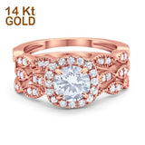 14K Rose Gold Halo Art Deco Three Piece Engagement Bridal Set Ring Band Simulated CZ Size 7