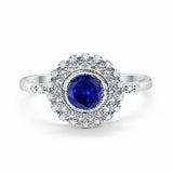 Halo Engagement Ring Bezel Round Simulated Blue Sapphire CZ 925 Sterling Silver