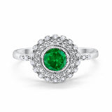 Halo Engagement Ring Bezel Round Simulated Green Emerald CZ 925 Sterling Silver