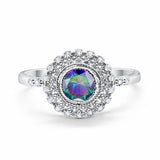 Halo Engagement Ring Bezel Round Simulated Rainbow CZ 925 Sterling Silver