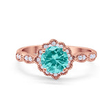 Floral Wedding Ring Round Rose Tone, Simulated Paraiba Tourmaline CZ 925 Sterling Silver