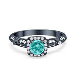 Halo Engagement Bridal Ring Black Tone, Simulated Paraiba Tourmaline CZ 925 Sterling Silver