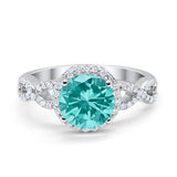 Halo Wedding Ring Round Simulated Paraiba Tourmaline CZ Solid 925 Sterling Silver