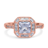 Art Deco Cushion Engagement Bezel Ring Rose Tone, Simulated CZ Solid 925 Sterling Silver